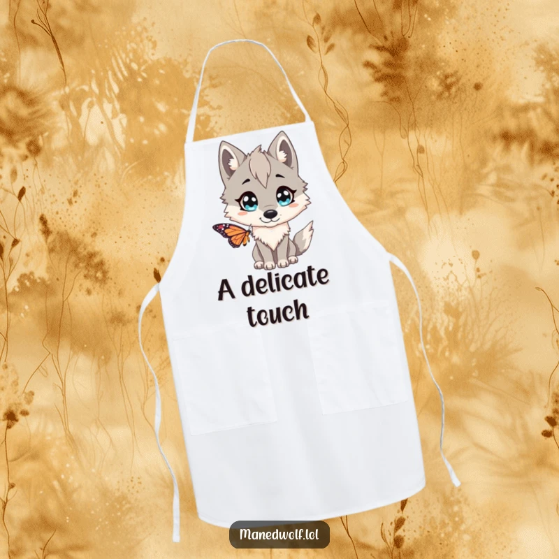 Funny Maned wolf apron, designed for the kitchen, with the animal wide-eyed and comically surprised by a butterfly.