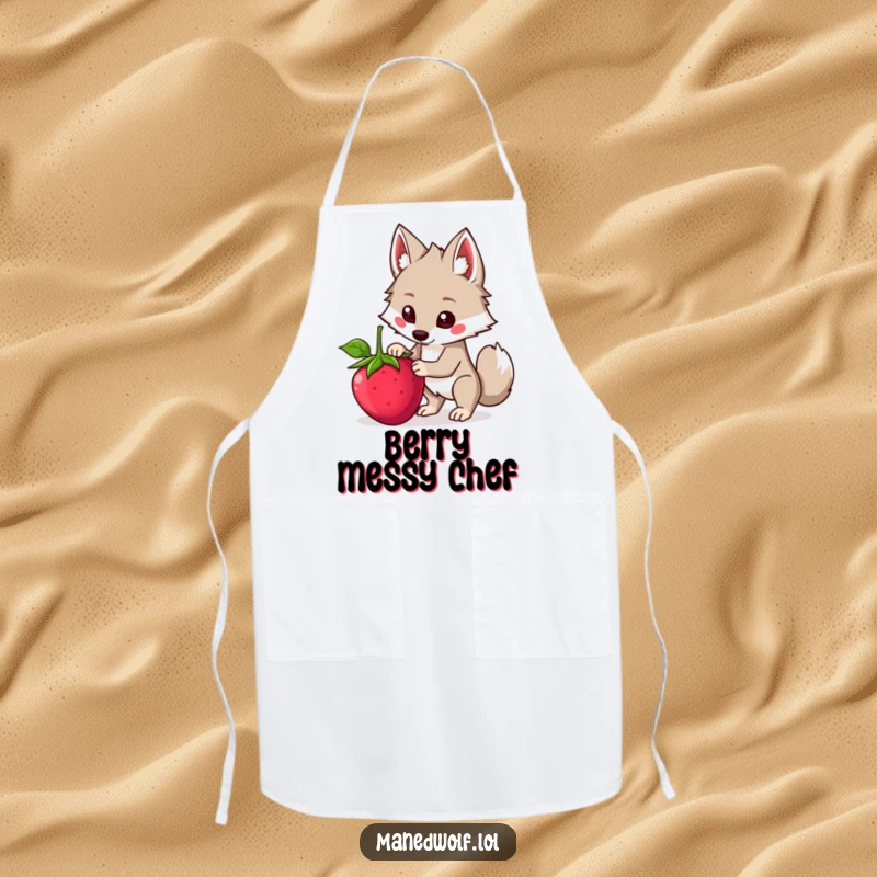 Funny Kawaii Maned Wolf Apron depicting a cute wolf attempting to balance a large berry, perfect for adding humor to the kitchen.