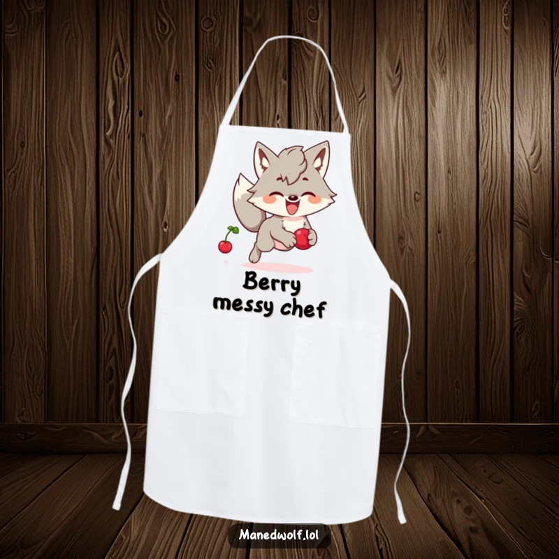 Funny Kawaii Maned Wolf Apron: A cute maned wolf joyfully chasing a bouncing berry, adding humor to cooking and baking.