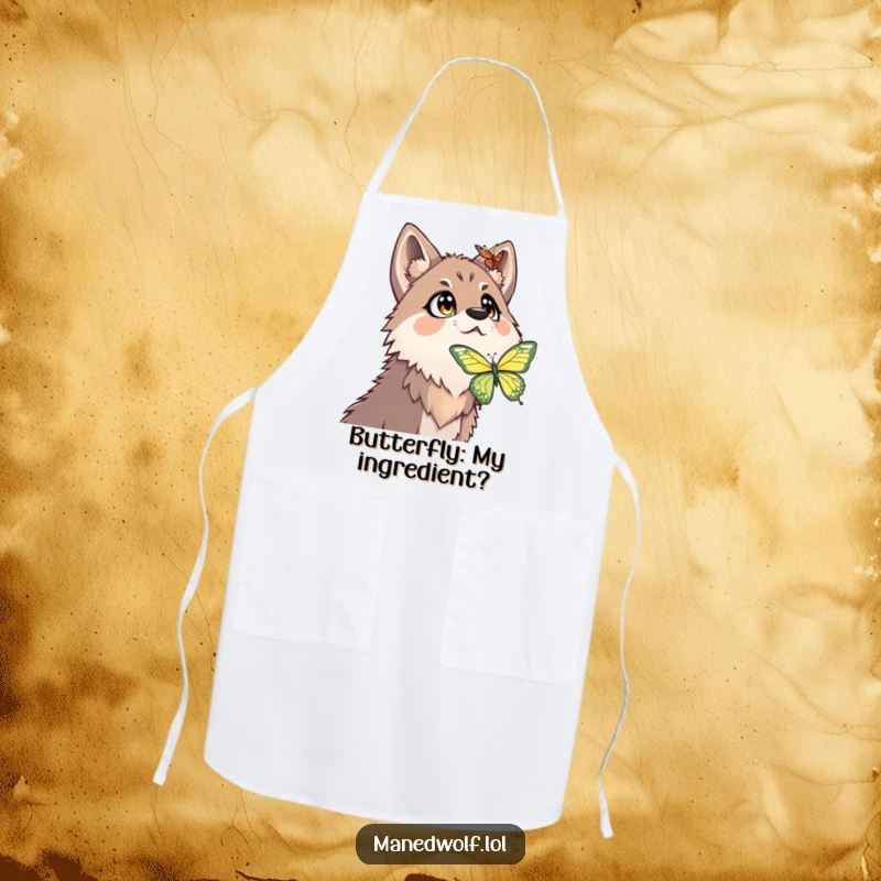 Funny maned wolf apron showing a surprised maned wolf with wide eyes looking up at a butterfly.