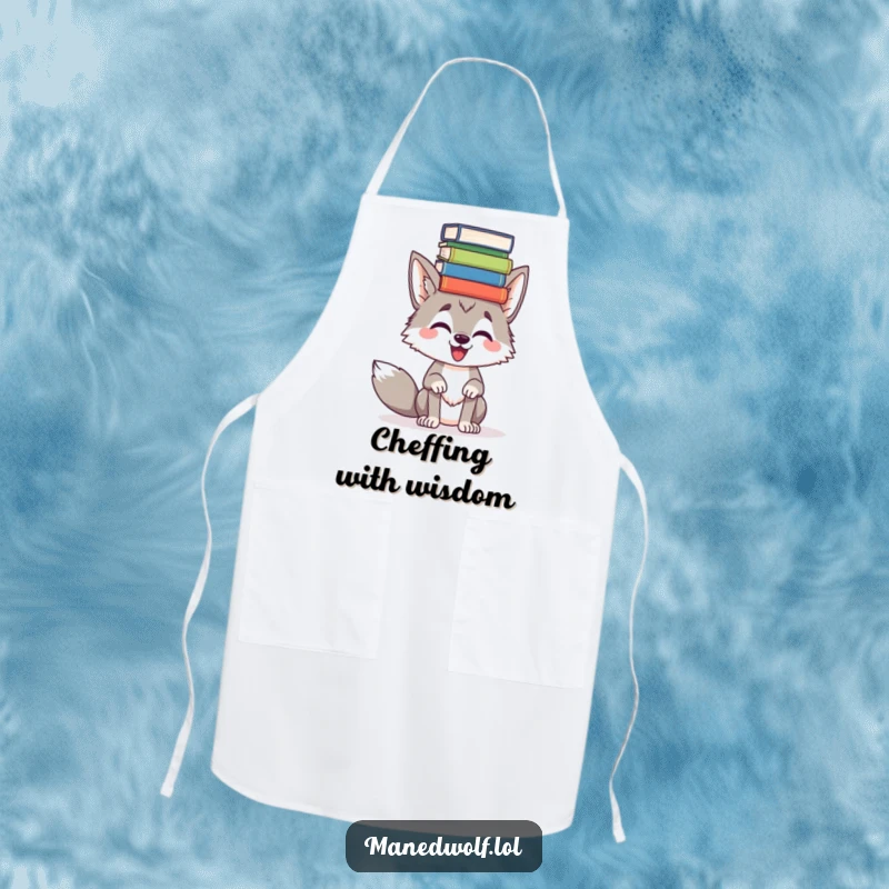 Funny Maned wolf balancing books on its head on a kitchen apron, adding a humorous scholarly touch to cooking.