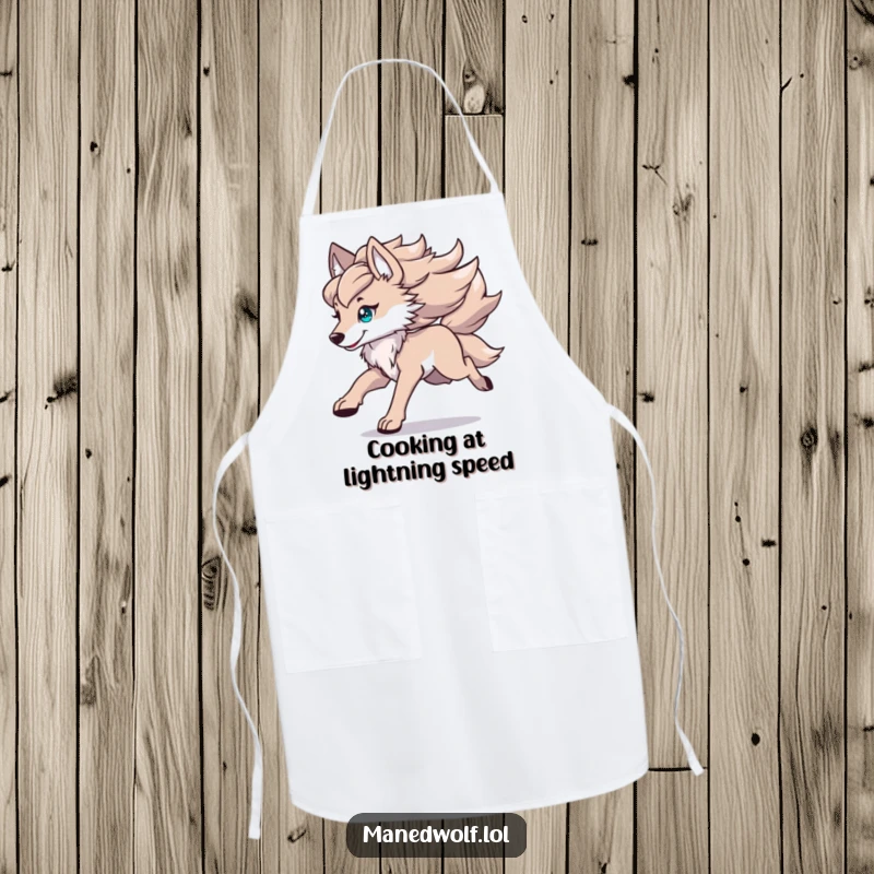 Funny kawaii maned wolf apron showing a cute wolf running with its mane flowing, perfect for adding dynamic humor to cooking.