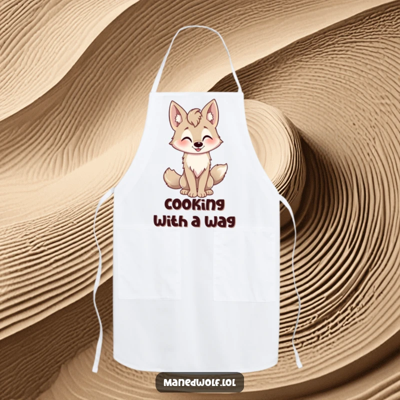 Funny playful maned wolf apron, tail wagging, friendly nod, perfect for welcoming hosts.