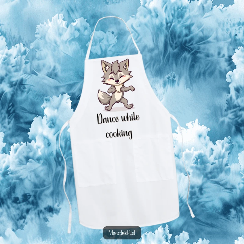 Funny Maned Wolf Apron depicting a character attempting an awkward dance move, bringing humorous flair to kitchen activities.