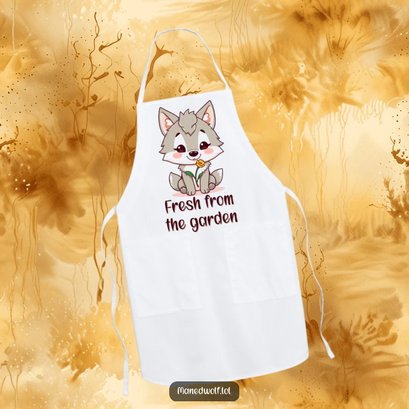 Funny Maned Wolf Apron: Maned wolf joyfully offers a flower, a funny and charming apron for gardening or cooking.