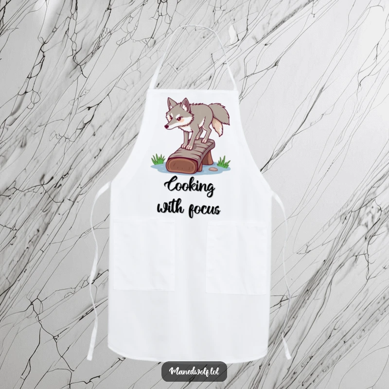 Funny determined maned wolf apron, crossing a log bridge, perfect for cooks who value precision.