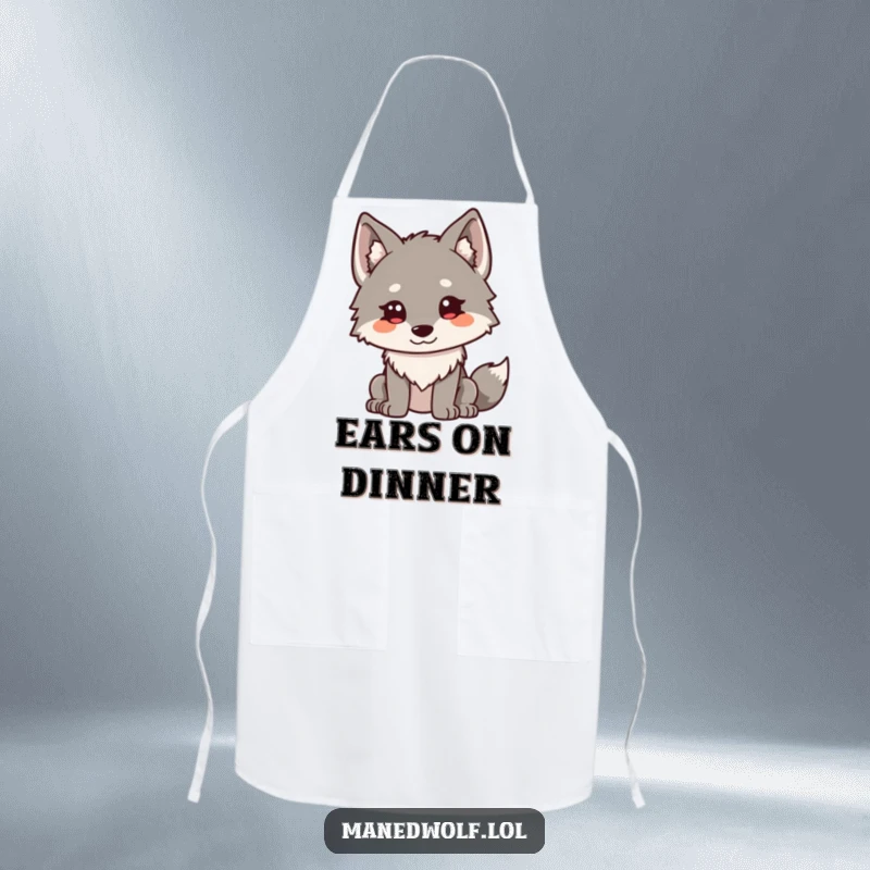 Funny Kawaii Maned Wolf Apron: A cute maned wolf with ears perked curiously, adding humor to cooking and baking.