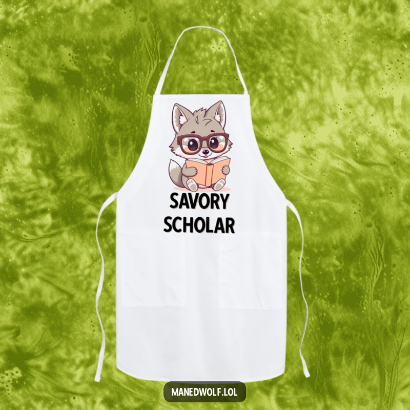 Funny apron with a kawaii maned wolf wearing large glasses and reading a small book, ideal for kitchen scholars.