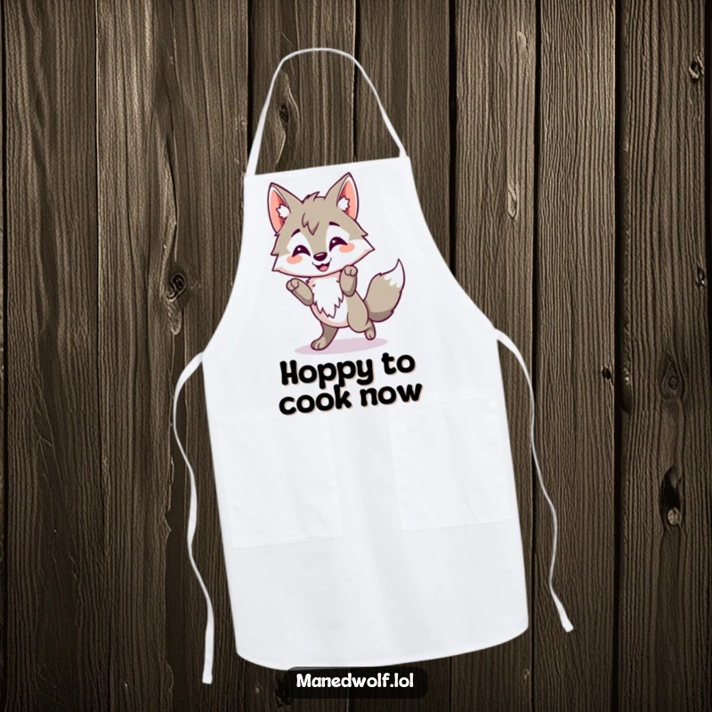 Funny Kawaii Maned Wolf Apron depicting a cute wolf doing a happy little hop, perfect for adding cheer to cooking.