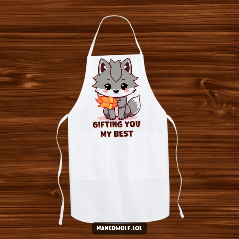 Funny Kawaii Maned Wolf Apron showing a cute wolf offering a colorful feather, perfect for kitchen fun, a funny gift.