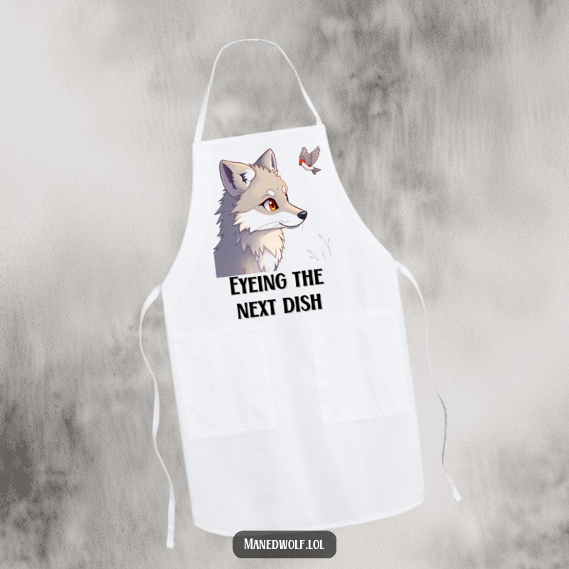 Funny Maned Wolf Apron showing a maned wolf with bright eyes, humorously overseeing your culinary creations.