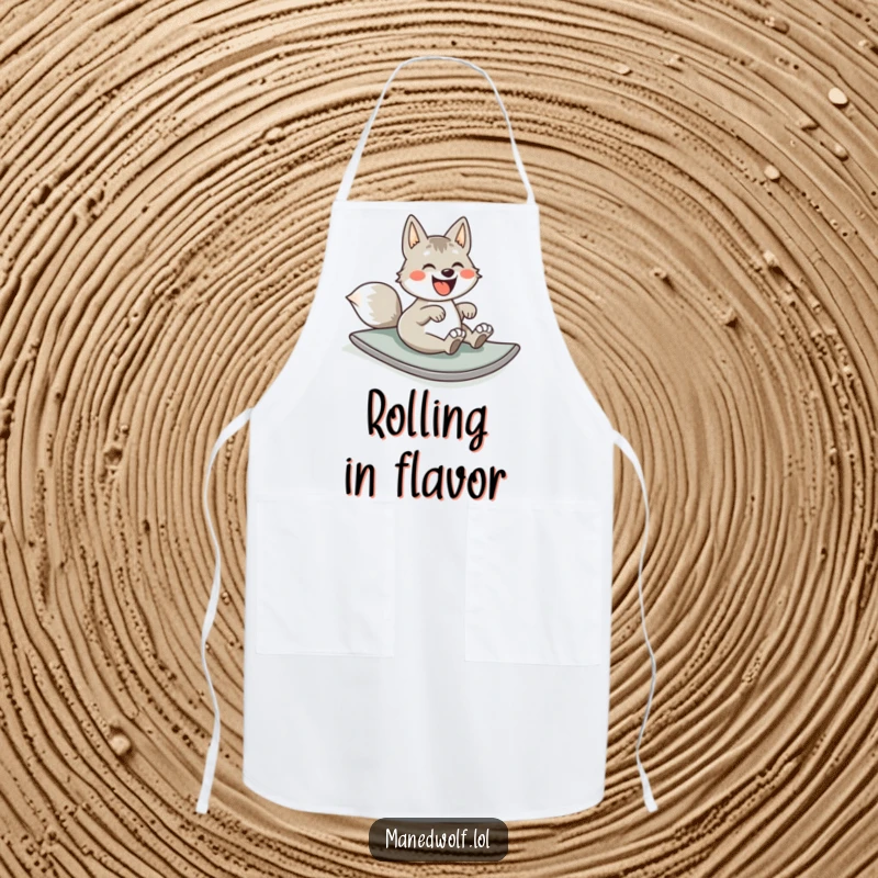 Funny apron showing a maned wolf rolling down a slope, bringing lighthearted fun to your kitchen adventures.