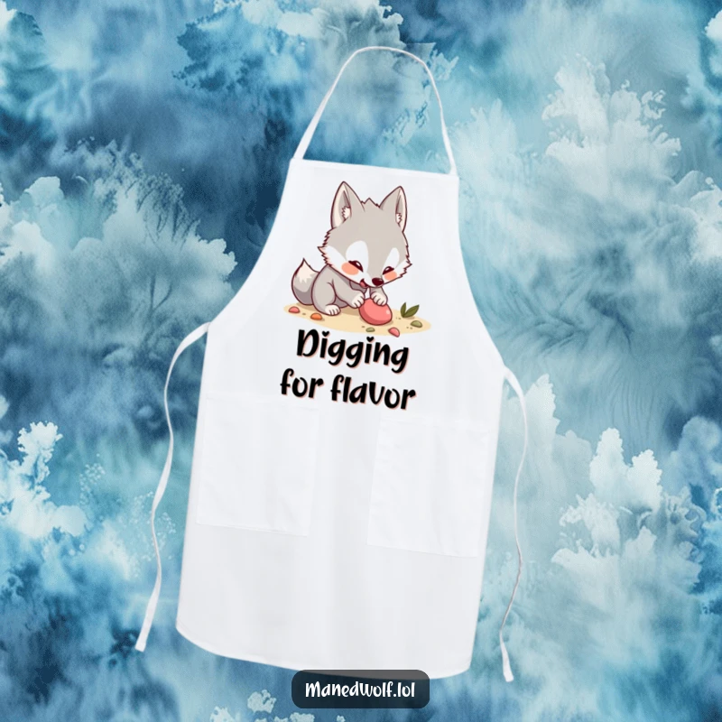 Funny Kawaii Maned Wolf Apron: Kitchen wear featuring a wolf digging, adding a humorous and enthusiastic element to cooking.