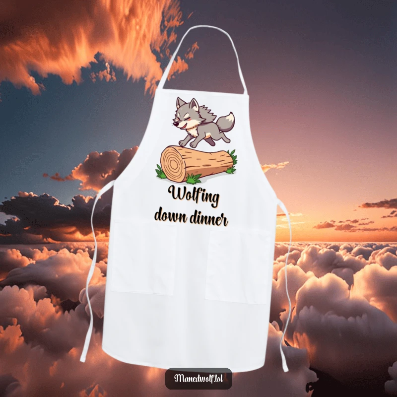 Funny Maned Wolf Apron showing a character energetically leaping, designed for kitchen fun and protecting clothes with a humorous flair.