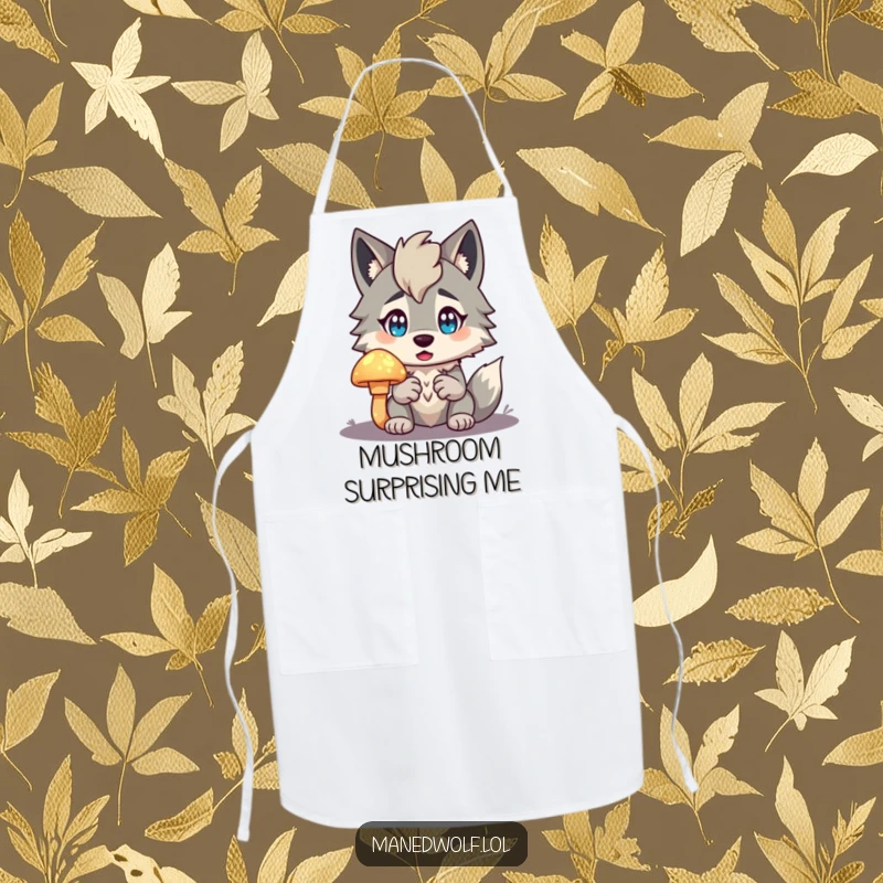 Funny Maned Wolf Apron depicting a character surprised by a glowing mushroom, adding a touch of magical humor to cooking tasks.