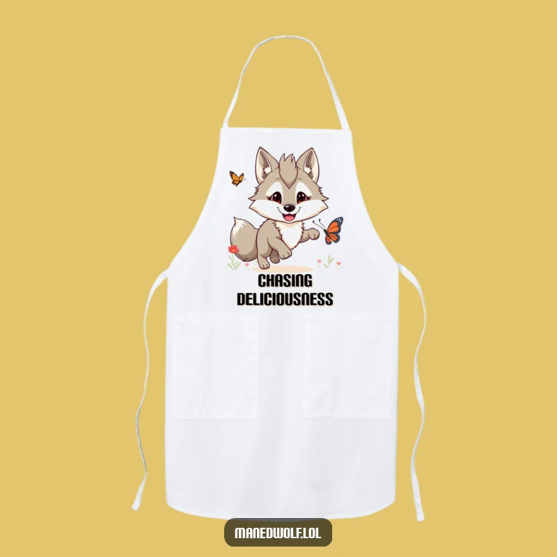 Funny Maned Wolf Butterfly Chase Apron: Cook Up Some Hilarious Fun!
