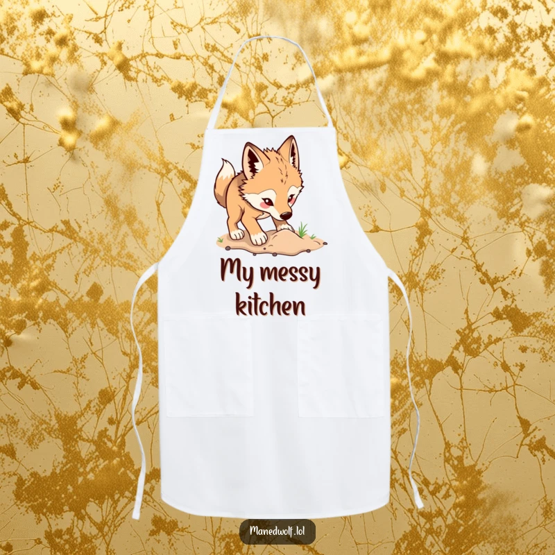 Funny maned wolf apron with a wolf digging excitedly, adding a humorous and energetic touch to kitchen activities.