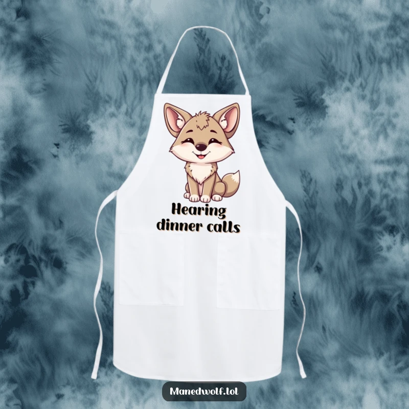 Funny maned wolf apron illustrating a happy wolf tilting its head, big ears attentive, perfect for cooking.
