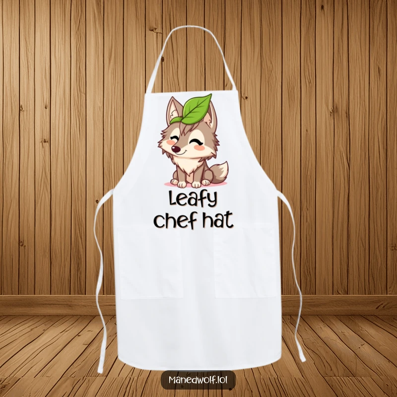 Funny maned wolf apron with a wolf giggling while wearing a leaf hat, adding a humorous and silly element to kitchen activities.