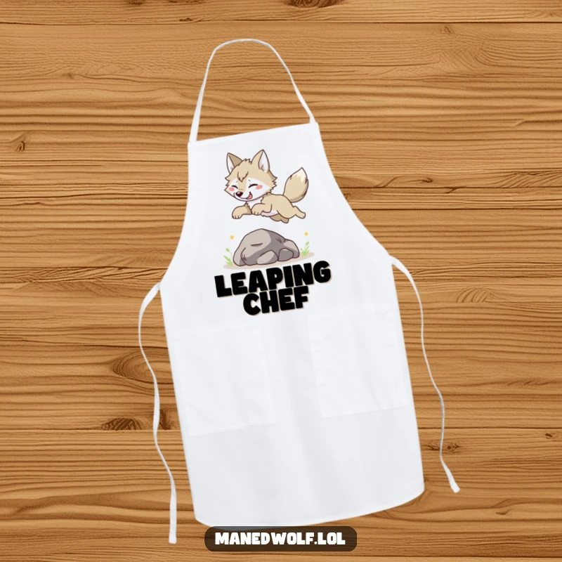 Funny Maned Wolf Apron: Character joyfully leaping, perfect for the kitchen, adding humor and personality to cooking wear.