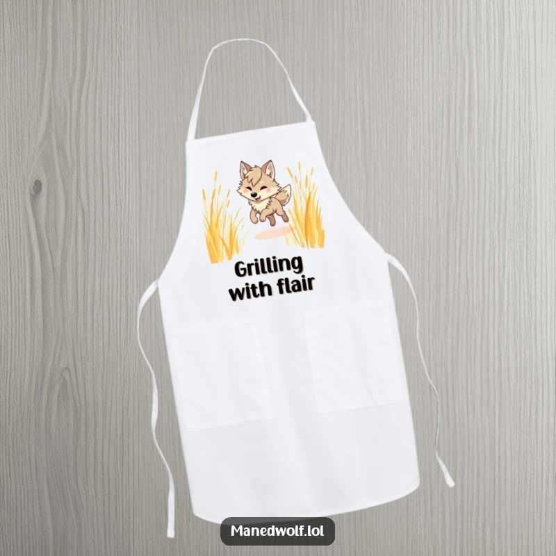 Funny maned wolf apron, humorously depicting a maned wolf prancing through tall grass, ready for culinary expeditions.