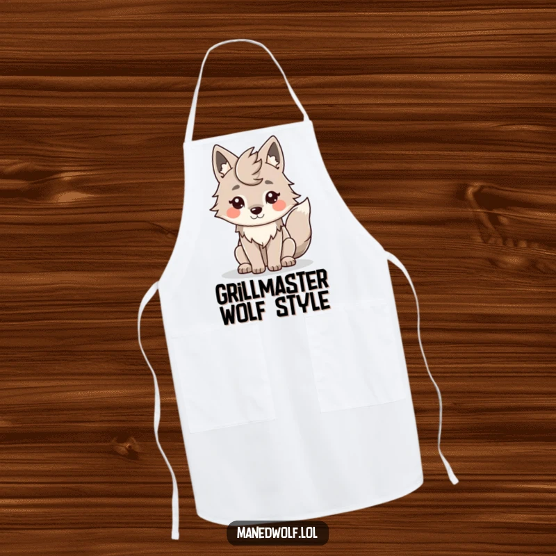 Funny Kawaii Maned Wolf Apron: Smiling wolf with wagging tail, keeping you clean while cooking with cuteness.