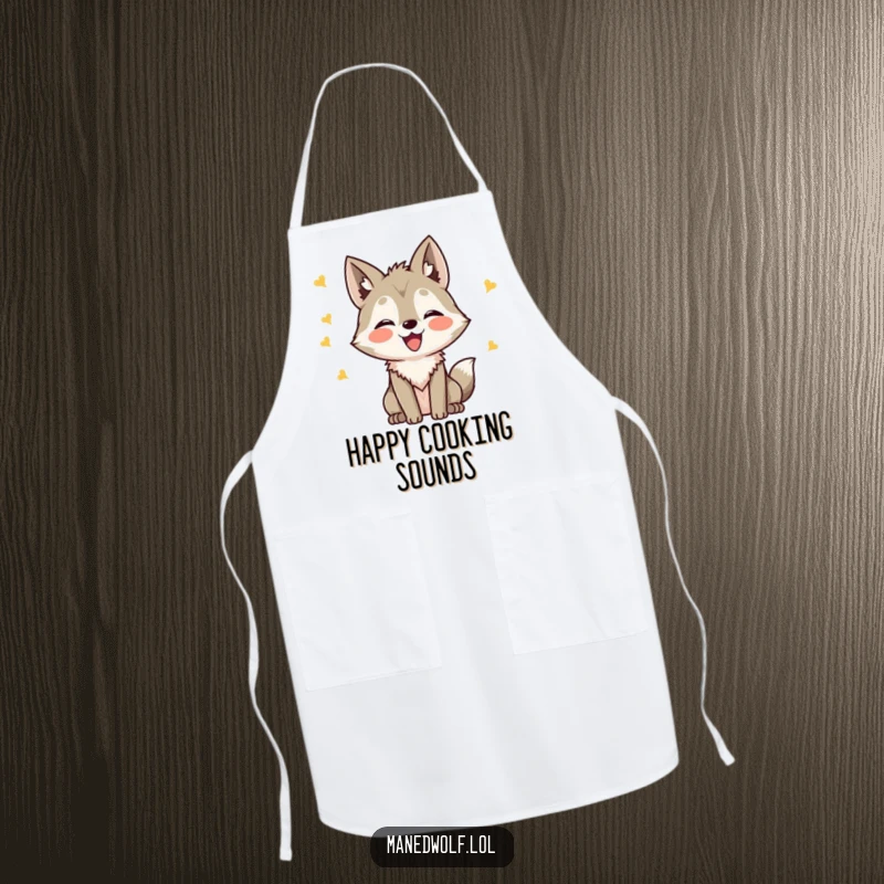 Funny Kawaii Maned Wolf Apron showing a cute wolf making happy chirping sounds, perfect for kitchen fun, a funny gift.