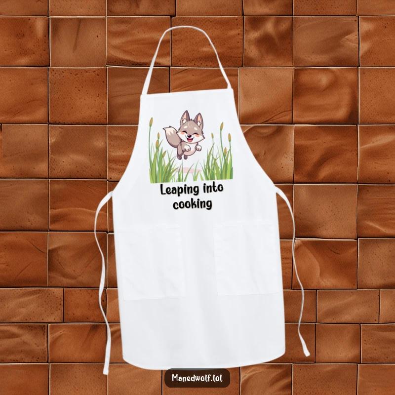 Funny maned wolf apron, happy, leaping through grass, playful kitchen accessory for chefs who love to have fun.