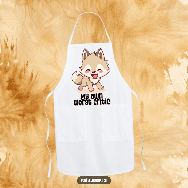 Funny maned wolf apron showing a wolf's amusing pursuit of its shadow during kitchen duties, adding comic flair.
