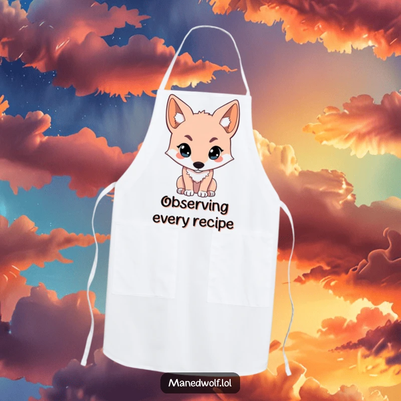 Funny kawaii maned wolf apron showing a cute wolf looking intently off-screen, perfect for adding focused humor to cooking.