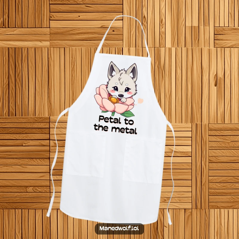 Funny kawaii maned wolf peeking from behind a huge flower, adding a playful and cute touch to a kitchen apron for chefs.