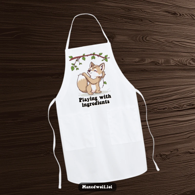 Funny Maned Wolf Apron showing a playful maned wolf batting at a vine, adding jungle fun to cooking.