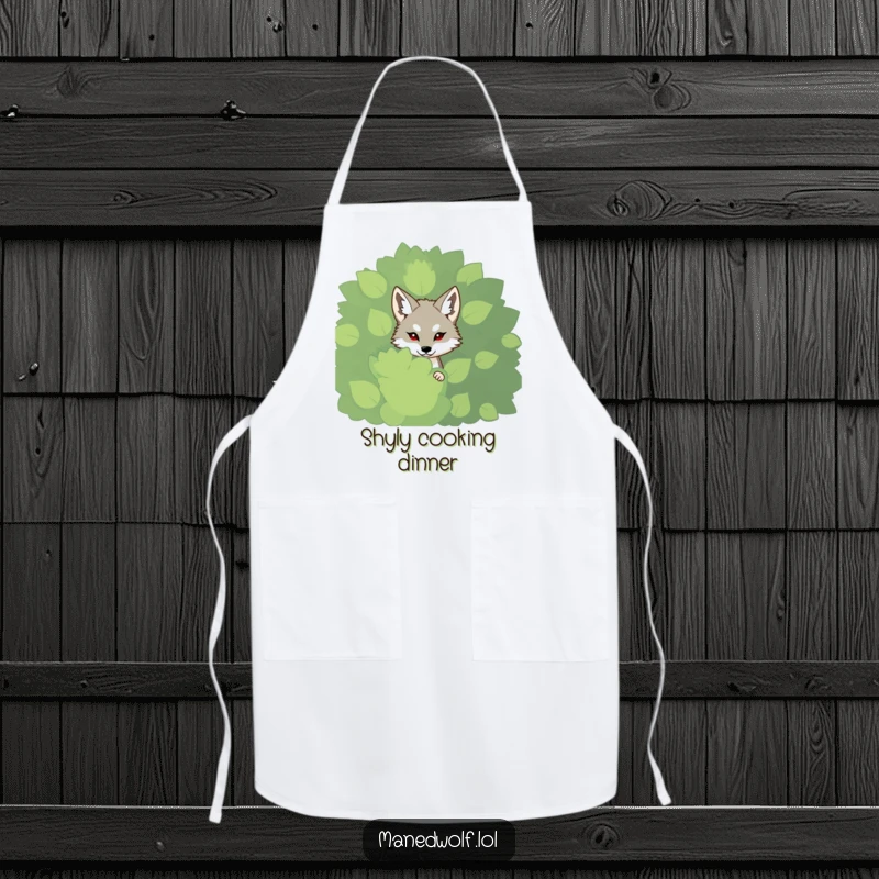Funny shy maned wolf apron, peeking from a bush, cute and functional kitchen wear for a gentle cook.
