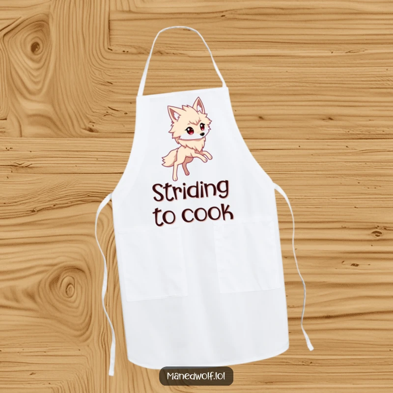 Funny kawaii maned wolf apron featuring a cute character with long legs confidently striding, ready for culinary adventures.