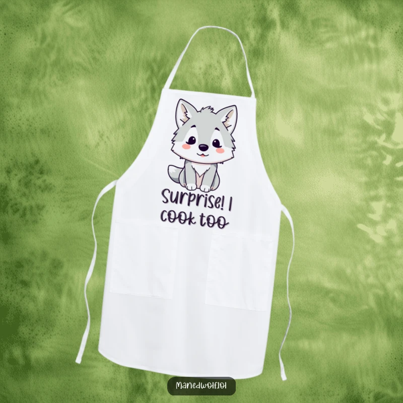Funny Kawaii Maned Wolf Apron showing a cute wolf with a surprised expression, perfect for kitchen fun and a funny gift.