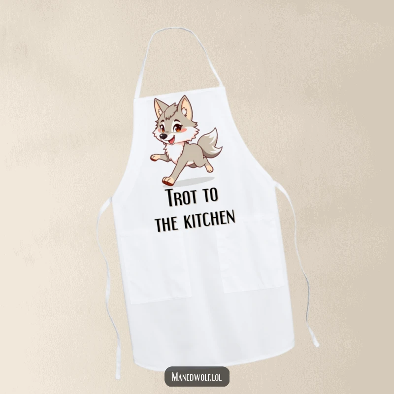 Funny maned wolf apron featuring a character in a happy, bouncy trot, ready to spice up any kitchen task.