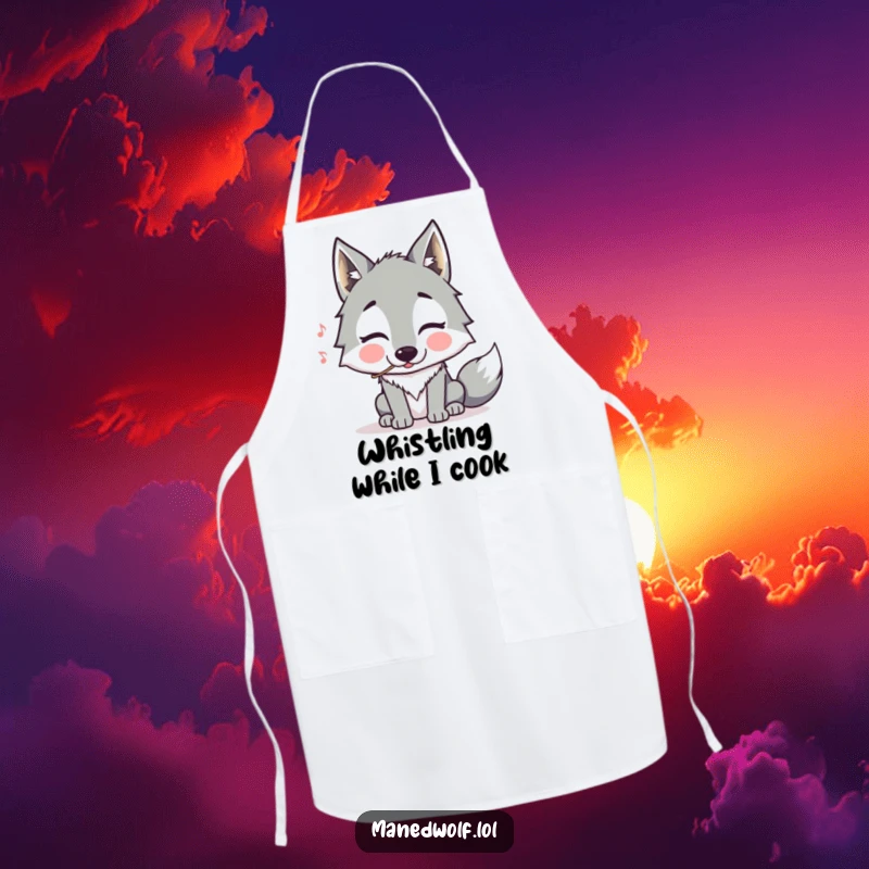Funny Maned Wolf Apron: A whimsical maned wolf with puffed cheeks comically trying to whistle, ready for kitchen duty with a smile.