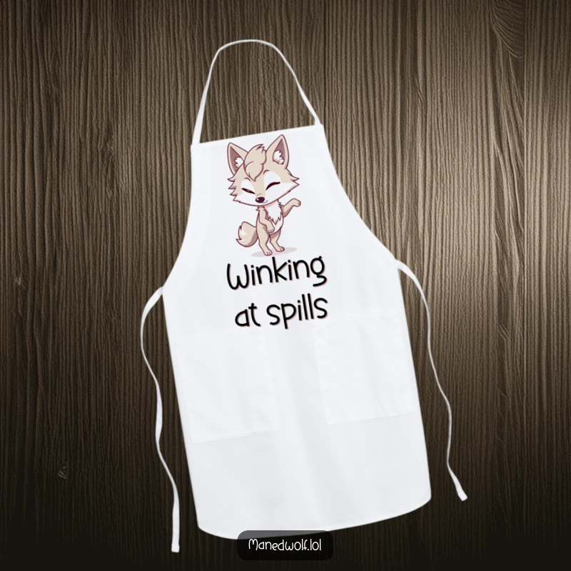Funny maned wolf apron with a character winking playfully while balancing on one paw, adding a touch of kitchen humor.