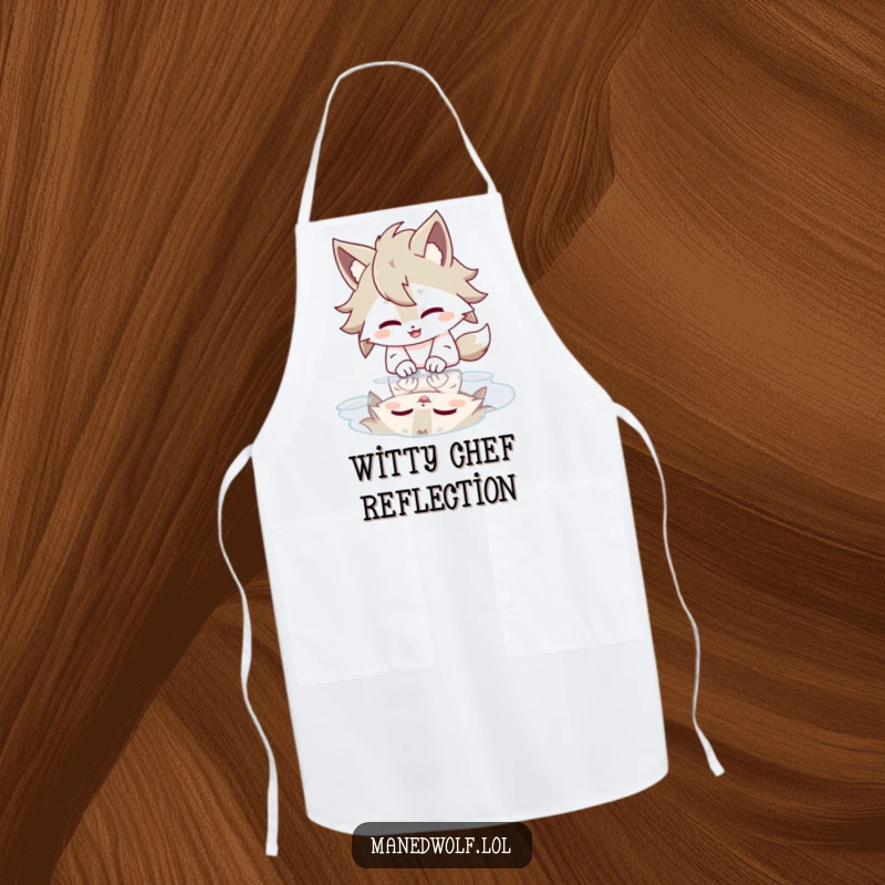 Funny apron featuring a maned wolf character giggling while looking at its reflection in a puddle.