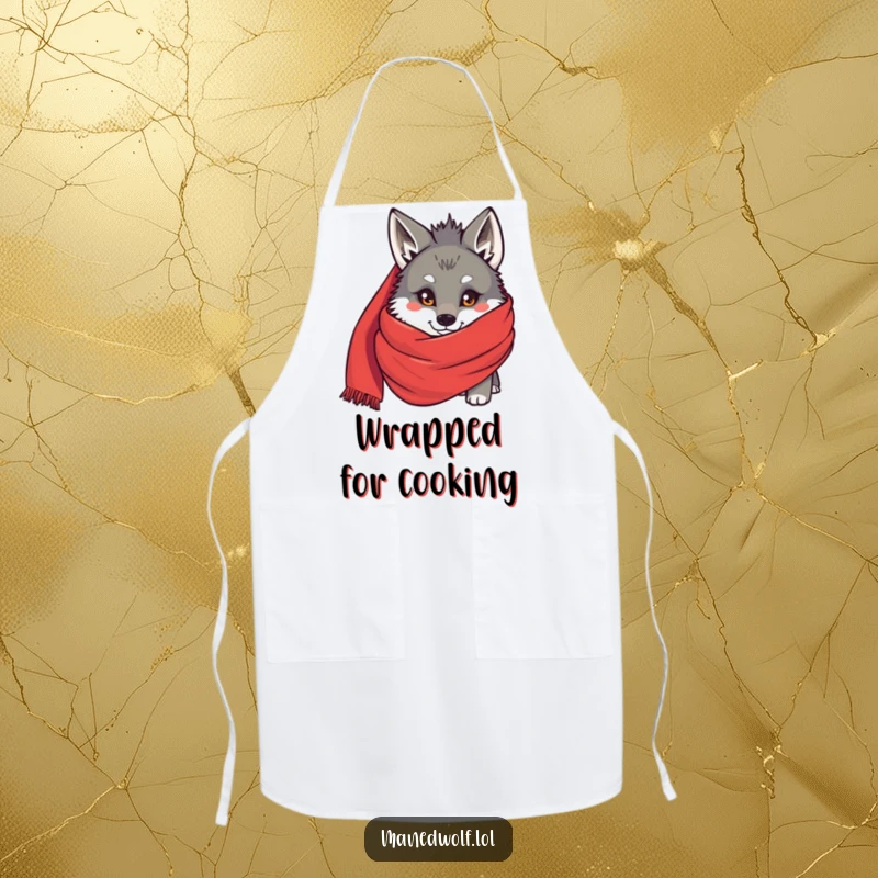 Funny Maned wolf peeking from behind a large red scarf on a kitchen apron, adding humorous shy charm to cooking.
