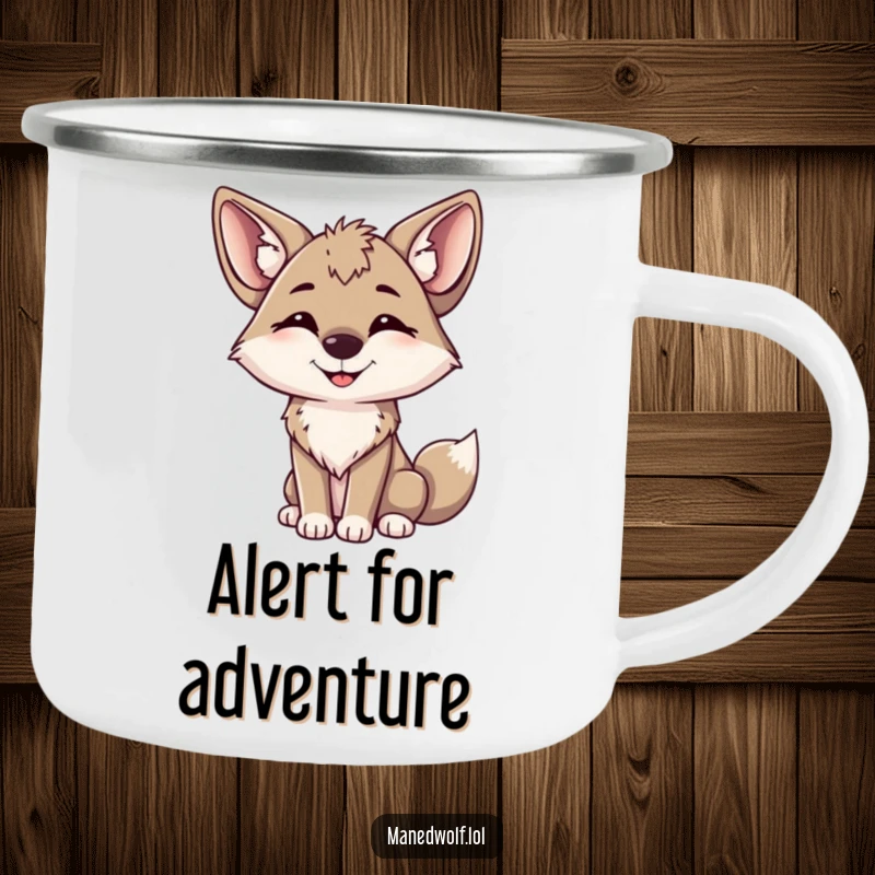 Funny maned wolf camping mug showing a happy wolf tilting its head, big ears perked, ready for fun.