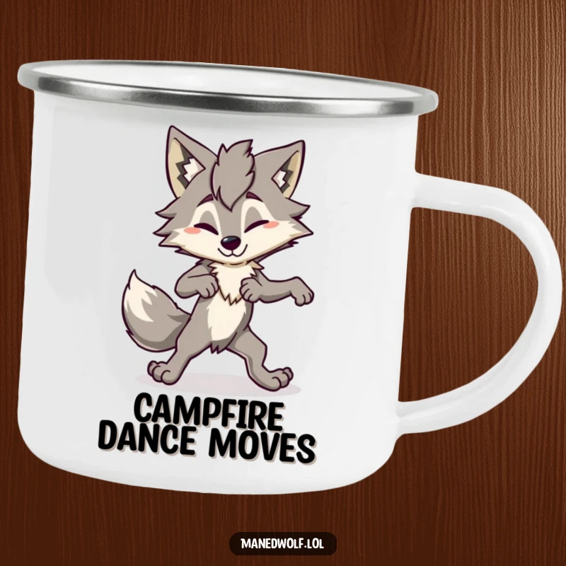 Funny Maned Wolf Camping Mug featuring a character performing an awkward dance move, perfect for outdoor enjoyment with a humorous twist.