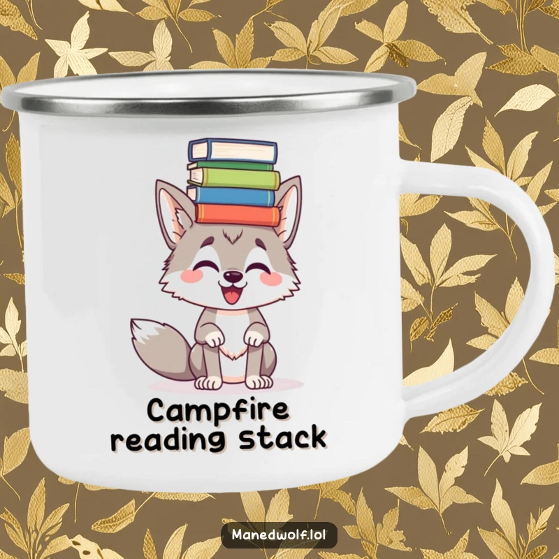 Funny Maned wolf balancing books on its head on a camping mug, bringing humorous intellectual charm to outdoor trips.