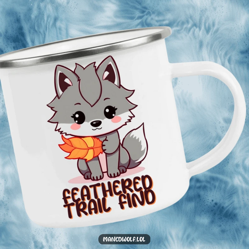 Funny Kawaii Maned Wolf Camping Mug featuring a wolf offering a feather, durable for outdoor use, a perfect funny gift.
