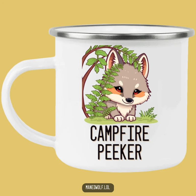 Funny Chubby Maned Wolf Camping Mug: Curious Adventures!