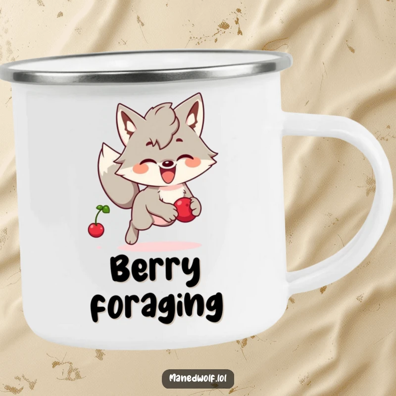 Funny Kawaii Maned Wolf Camping Mug: A cute maned wolf joyfully chasing a bouncing berry, ideal for outdoor fun.