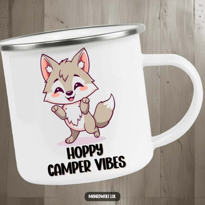 Funny Kawaii Maned Wolf Camping Mug showing a cute wolf doing a happy little hop, perfect for cheerful outdoor excursions.