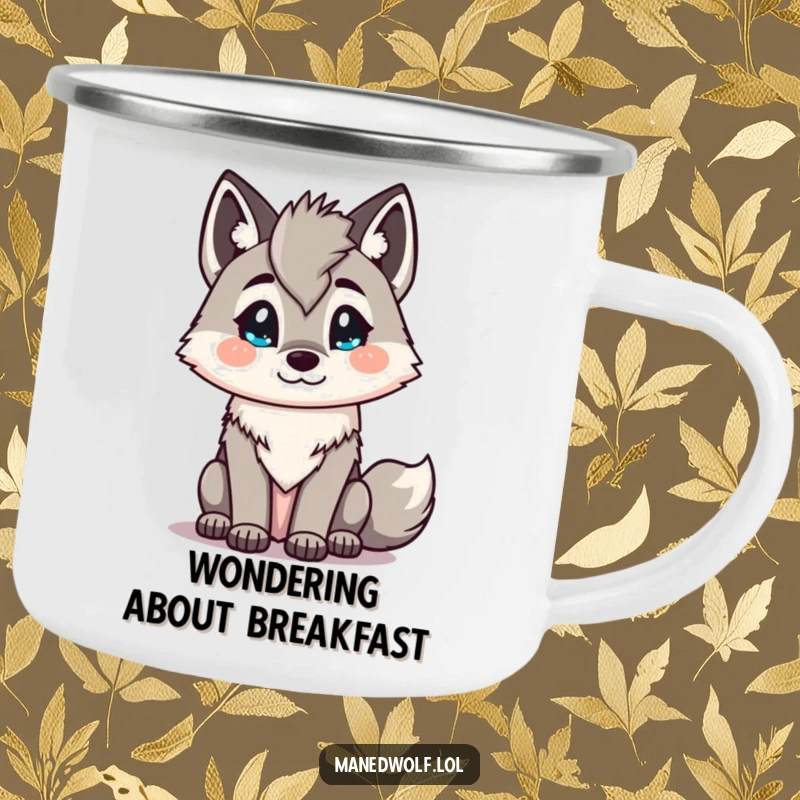 Funny Kawaii maned wolf camping mug with an inquisitive head tilt, perfect for outdoor enthusiasts seeking charm and humor.