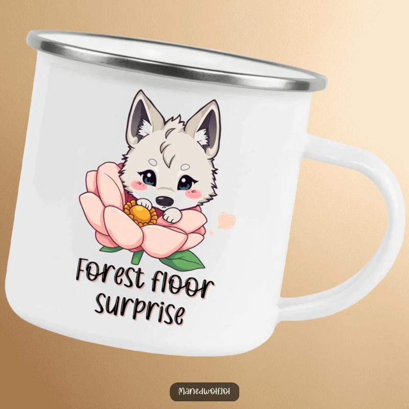 Funny kawaii maned wolf peeking from behind a big flower, ready for outdoor adventures on a durable camping mug.