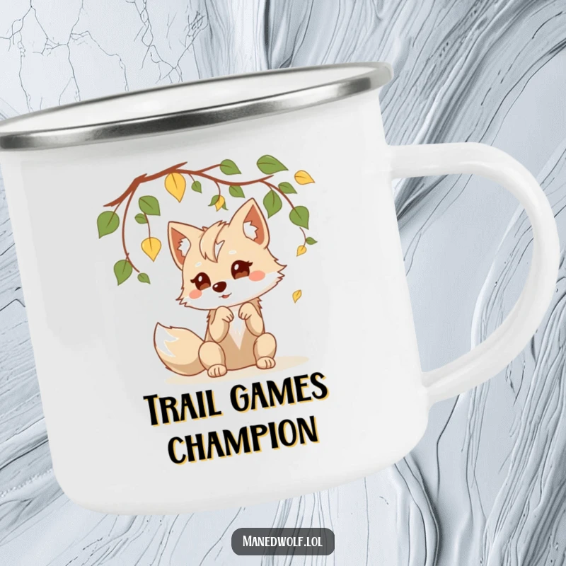 Funny kawaii maned wolf camping mug with a cute wolf playfully batting at leaves, perfect for your outdoor beverage needs.